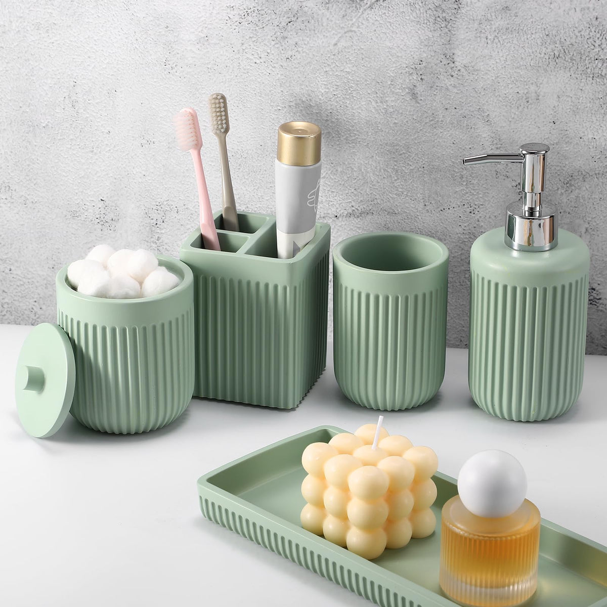 XLHOMO Resin Matte Black Bathroom Accessories Set 5 Pcs, Lotion Soap Dispenser, Toothbrush Holder, Bathroom Tumbler, Qtip Holder and Vanity Tray, Bathroom Countertop Organizer Set for Home Apartment