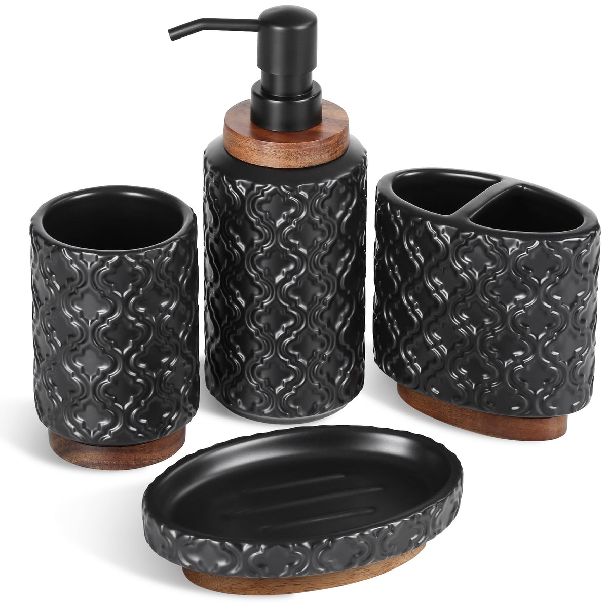 RQYIXI Ceramic Bathroom Accessories Set,White,4 Piece,Embossed Design
