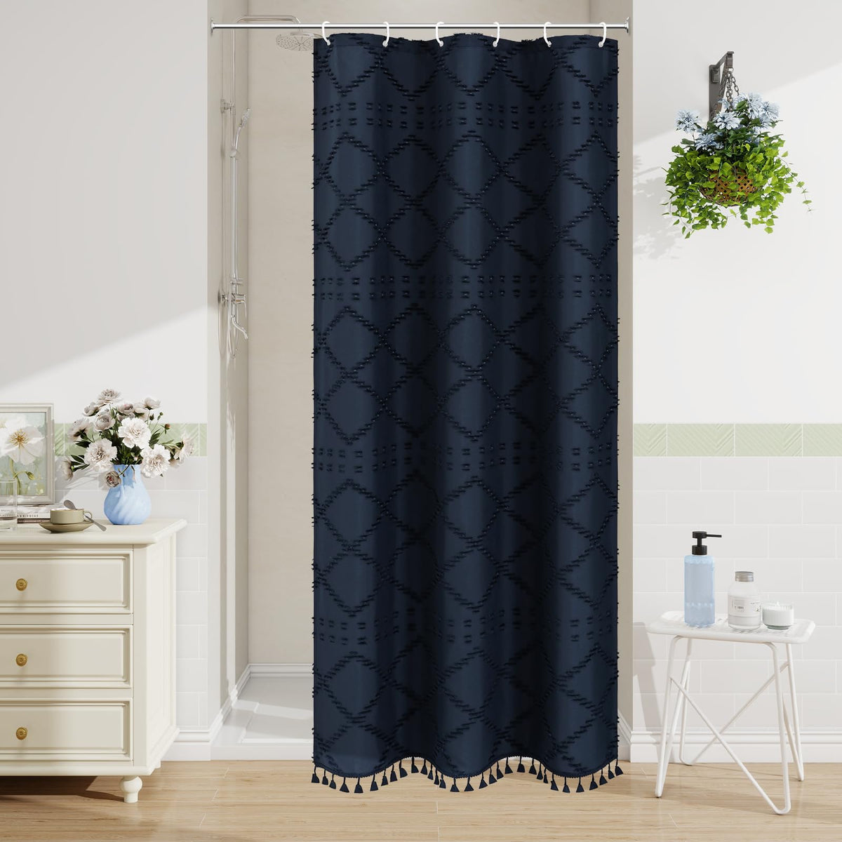 Blue Boho Woven Fabric Shower Curtain with Tassel 72 x 72, Tufted Textured