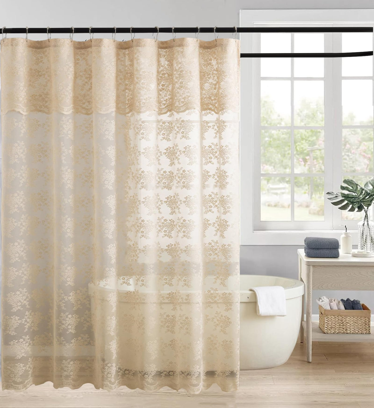 Ivory Lace Shower Curtain 72x72, Vintage Shabby Chic with Attached Valance