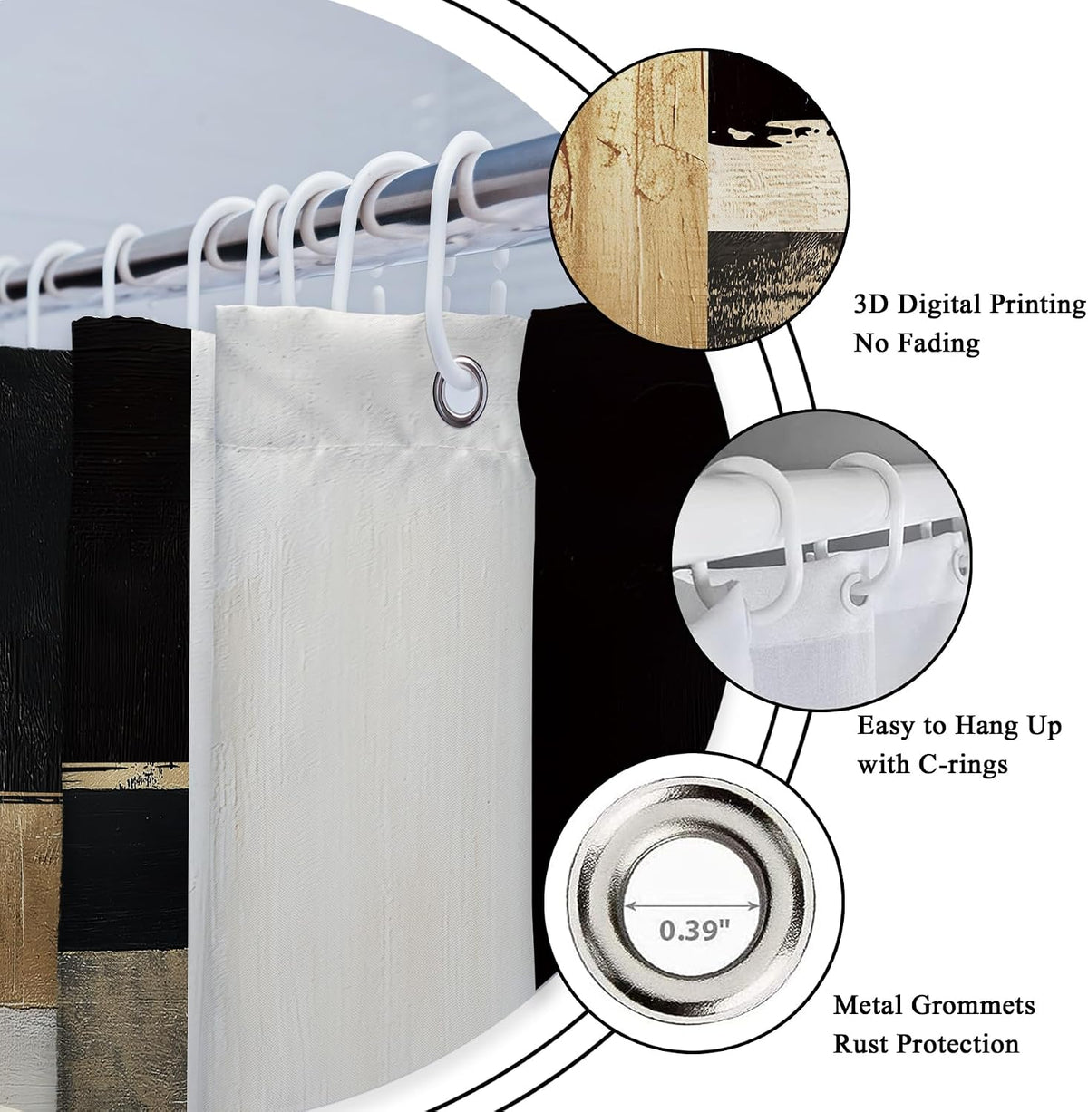 Black Gold Abstract Modern Oil 4Pcs Bathroom Shower Curtain Set with Rugs