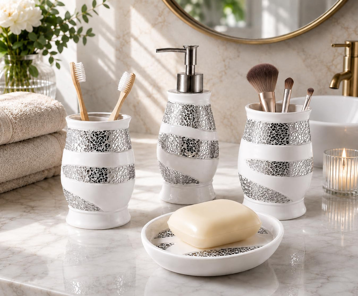 Zahari Home 4pc Modern Line Modern Bathroom Accessories Set Modern Soap Dispenser, Tumbler, Tooth Brush Holder and Dish Soap Holder Luxury Contemporary Grey Decor Unique Design Luxury Bath Set