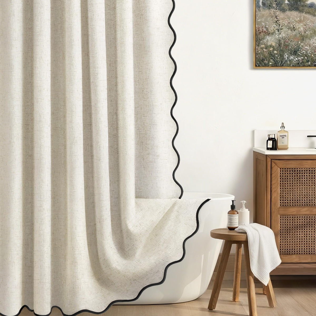 Scalloped Shower Curtain Linen Boho Beige 72" W x 72" L