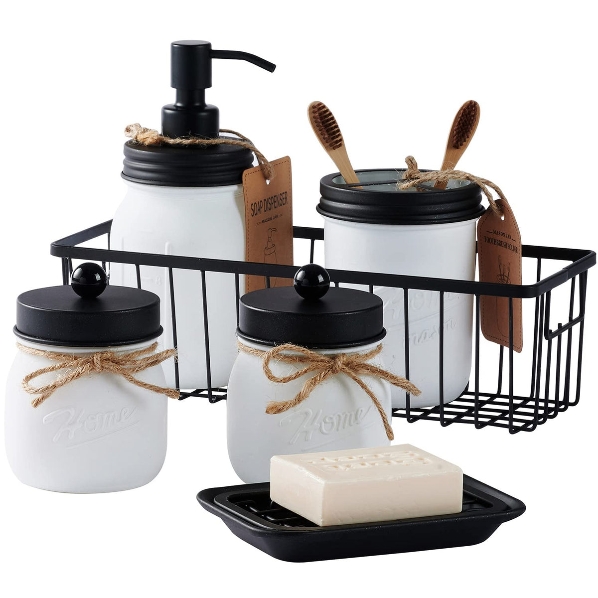 SheeChung Mason Jar Bathroom Accessories Set,6Pcs Rustic Bathroom Set,Brown