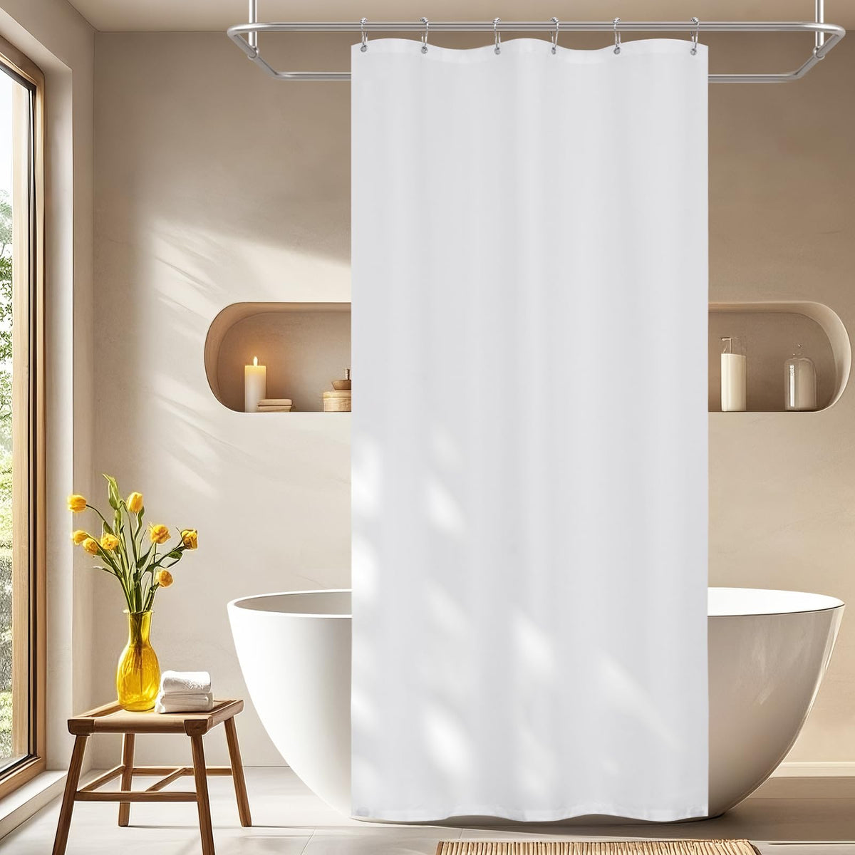 Seenus Baby Pink Ruffle Shower Curtain with Waterproof TPU Backed, Soft Microfiber Lovely French Ruched Shower Curtain, 72 x 72 Inch Bathroom 2 in 1 Washable Fabric Shower Curtain with TPU Lining
