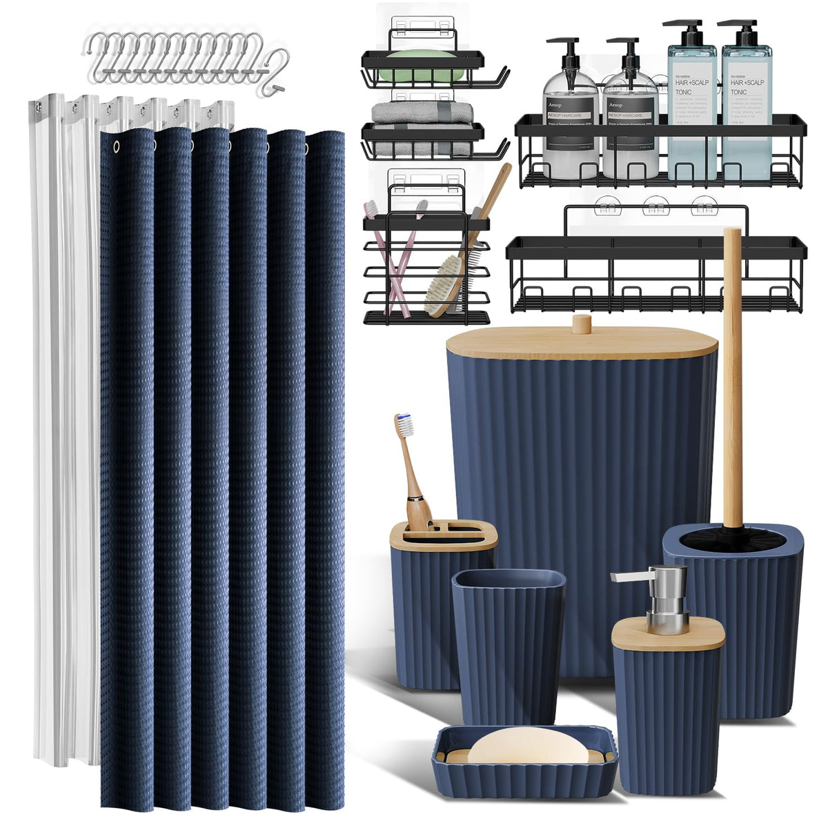 Clara Clark Black Bathroom Set, Shower Curtain Set, Bathroom Accessory Set
