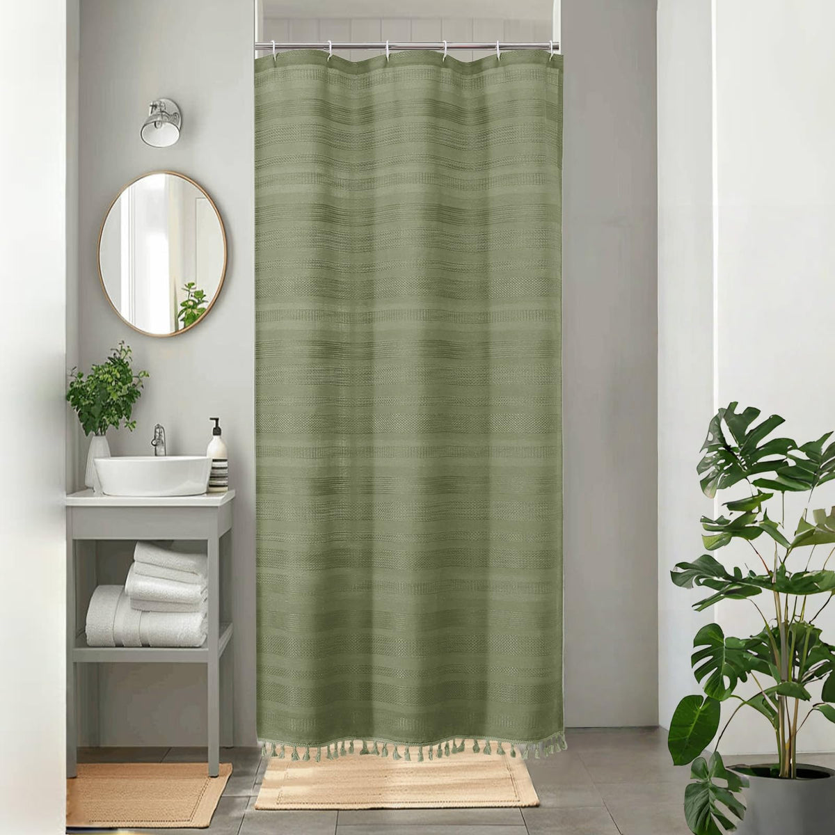 OVZME Extra Long Linen Shower Curtain - 84 Inch Long, Modern Farmhouse Heavy Duty Textured Soft Fabric, Rustic Country Boho Cloth Shower Curtain with Tassel for Bathroom Hotel, 72Wx84L Inches