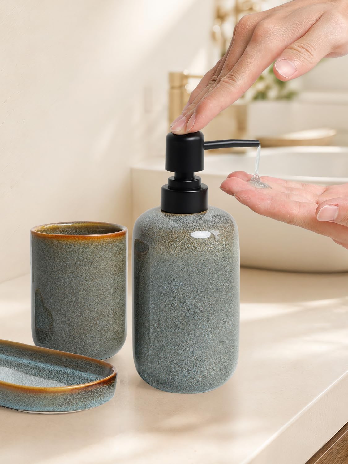 INGOFIN Ceramic Bathroom Accessories Set, Soap Dispenser &Toothbrush Holder