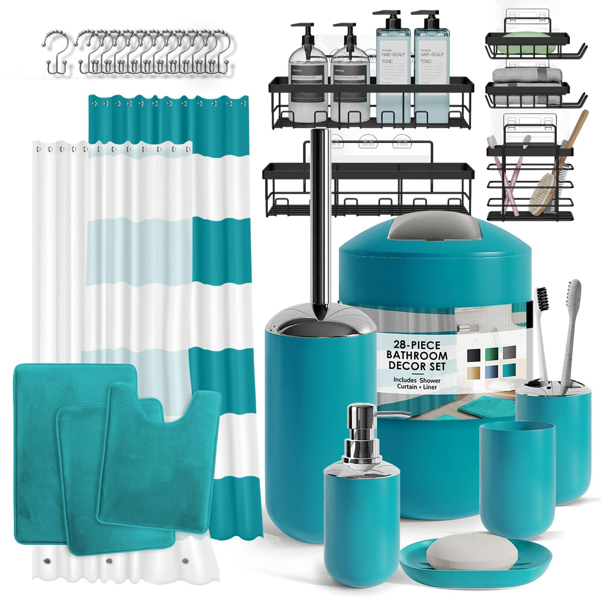 Clara Clark Bathroom Set - Navy Bathroom Accessories Set, 20PC Bathroom Accessory Set, Shower Curtain Set with Liner, Toothbrush Holder, Soap Dispenser, Soap Dish, Toilet Brush Holder, and Trash Can