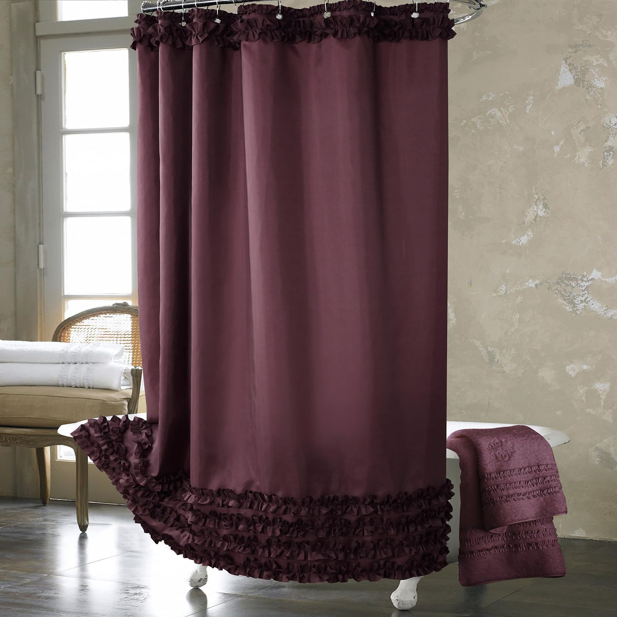 Ruffle Shower Curtain, White Fabric Shower Curtain with Handmade Ruffles, Farmhouse Chic Bath Curtains, 72" W x 72" H