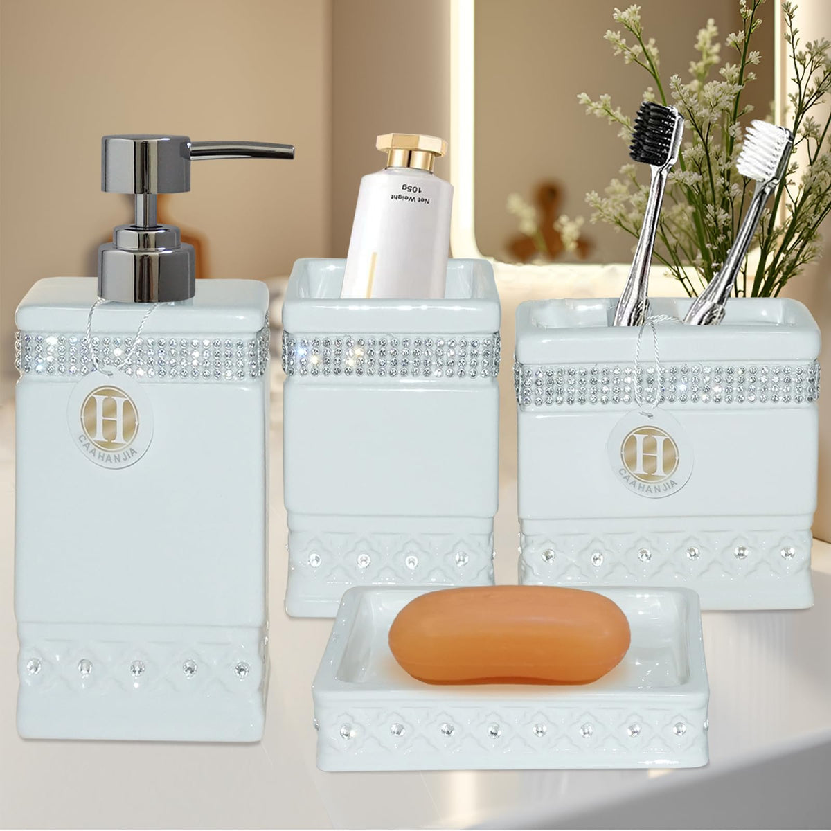 Bath Accessories Sets for Bathroom,Black Bathroom soap Dispenser Set,Ceramic Liquid Dispenser Pump, 2 Tumbler Cup,Soap Dish-Bathroom Home Decor Clearance (12 Ounce Black)
