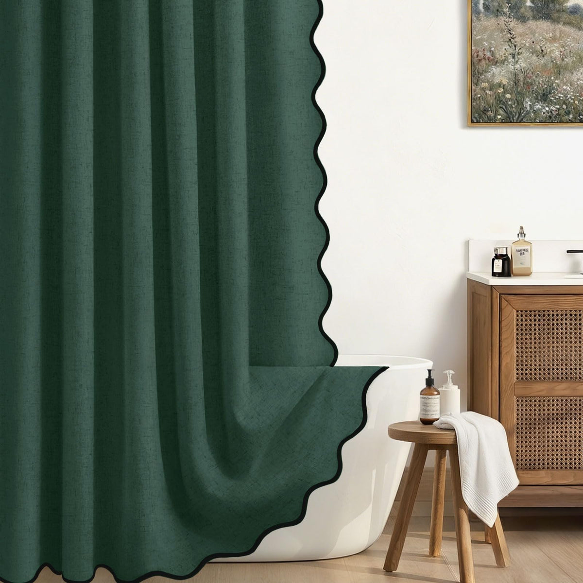 Scalloped Shower Curtain Linen Boho Beige 72" W x 72" L
