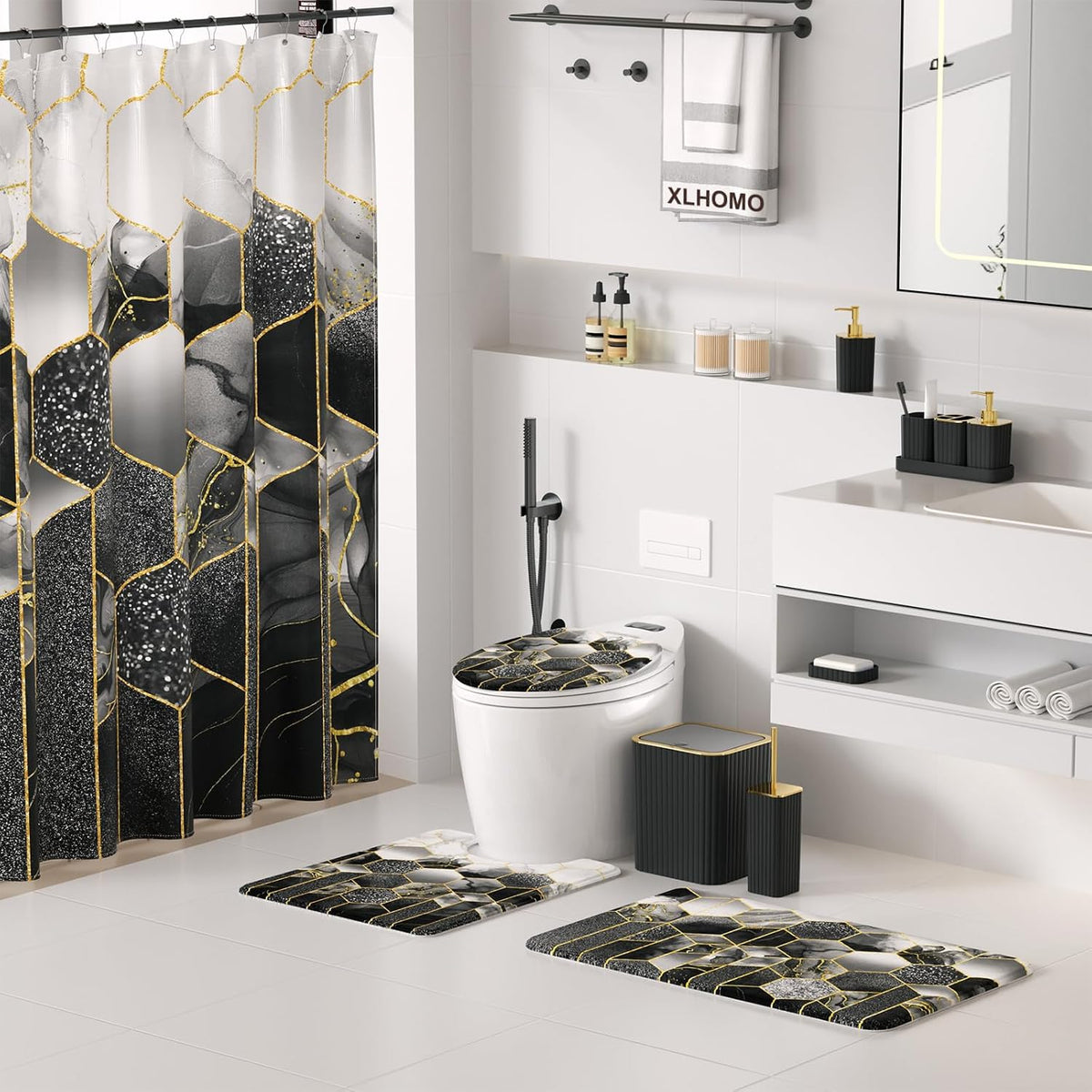 XLHOMO Bathroom Set - 26PC Bathroom Set with Shower Curtain and Rugs, Black