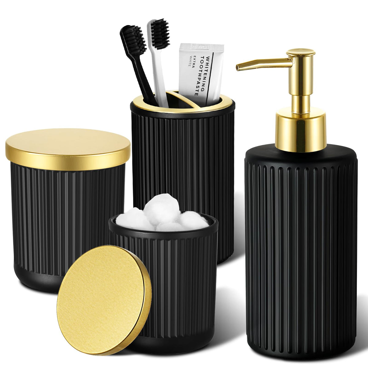 RYTOXILO Bathroom Accessories Set, 4 Pack Clear Glass Bath Accessory Sets Complete, Ribbed Soap Dispenser and Toothbrush Holder Set with 2 Qtip Holders, Modern Sliver Bathroom Counter Decor