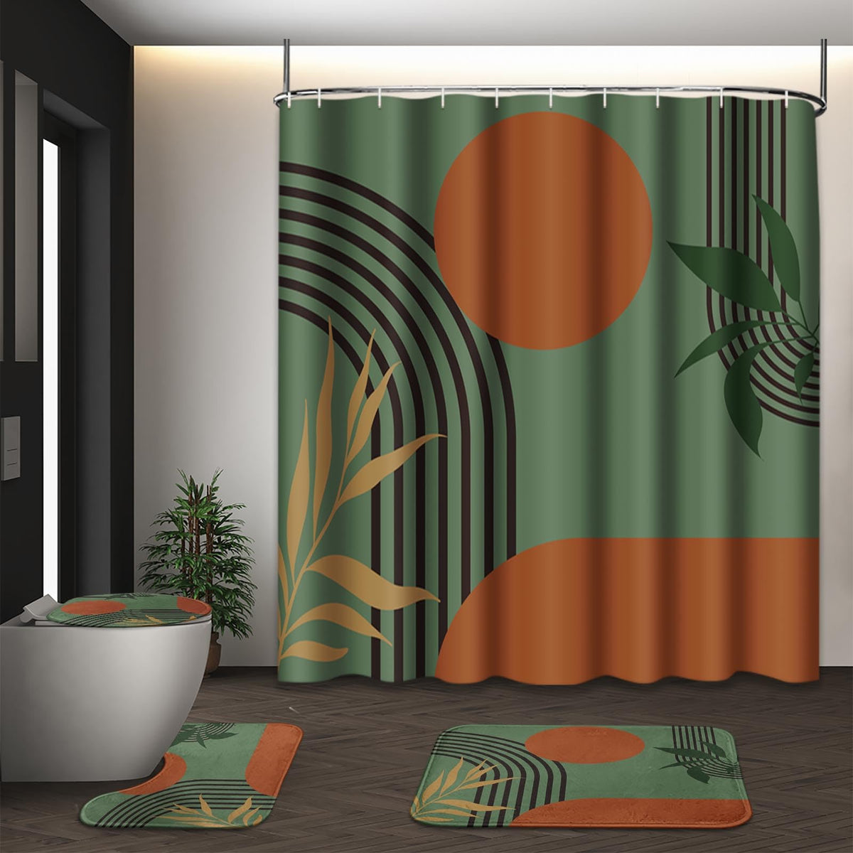 Bathroom Sets with Shower Curtain and Rugs, Set of 4, Boho Sage