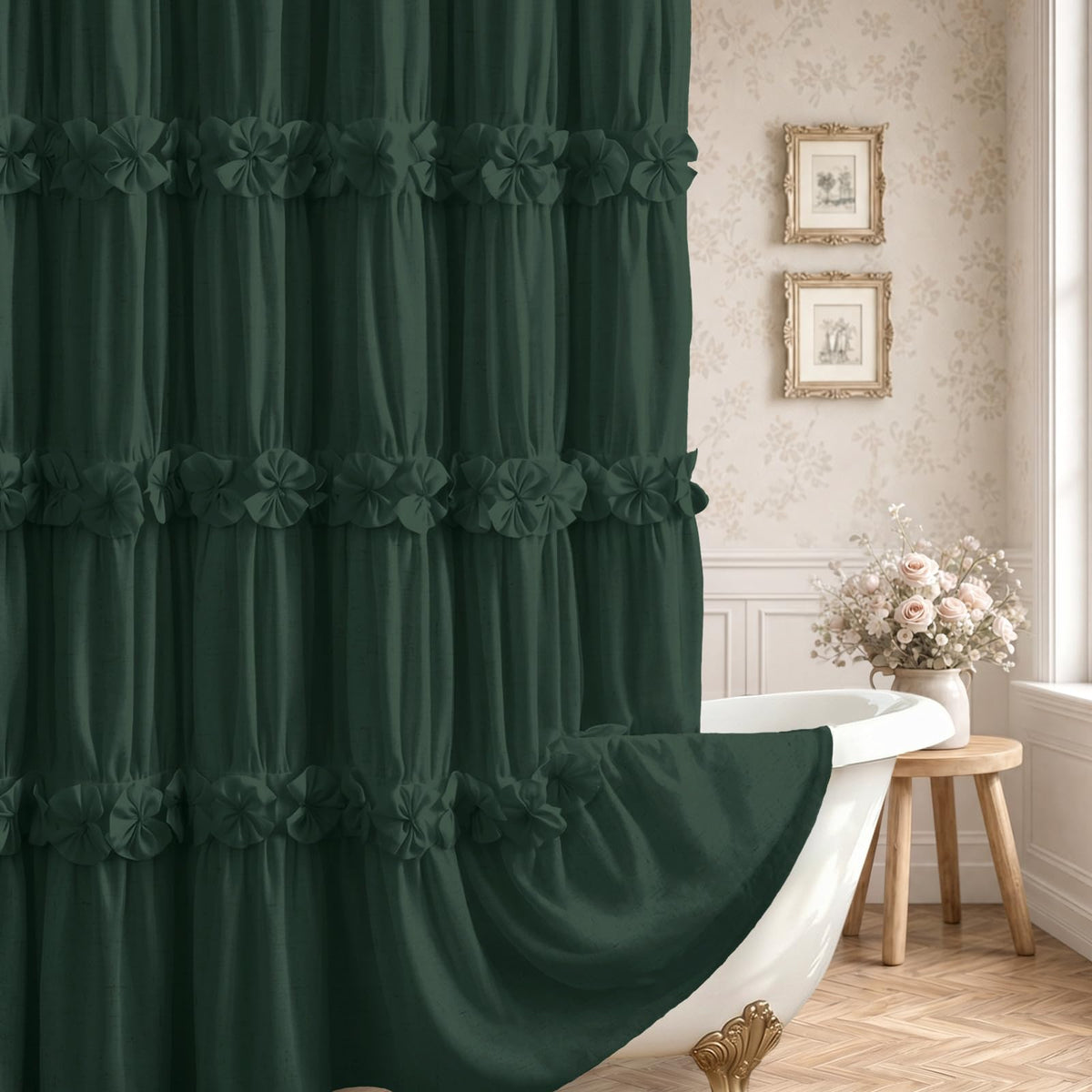 Boho Ruffle Farmhouse Fall Linen Shower Curtain Vintage Cream 72" W x 72" H