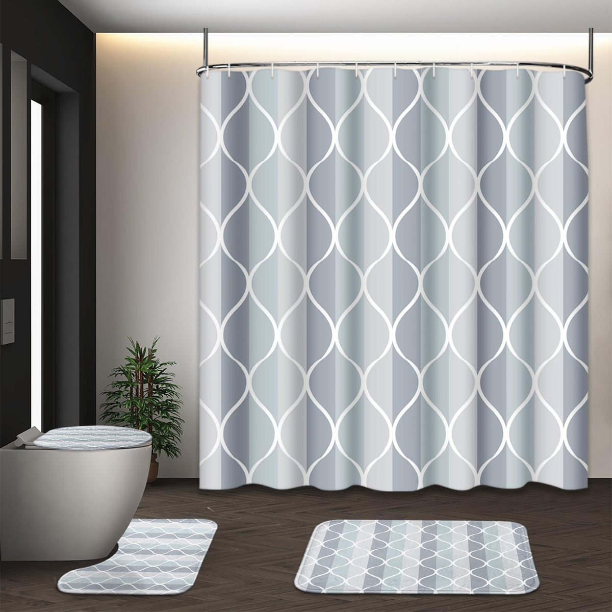 Bathroom Sets with Shower Curtain and Rugs Set of 4 Geometric Brown
