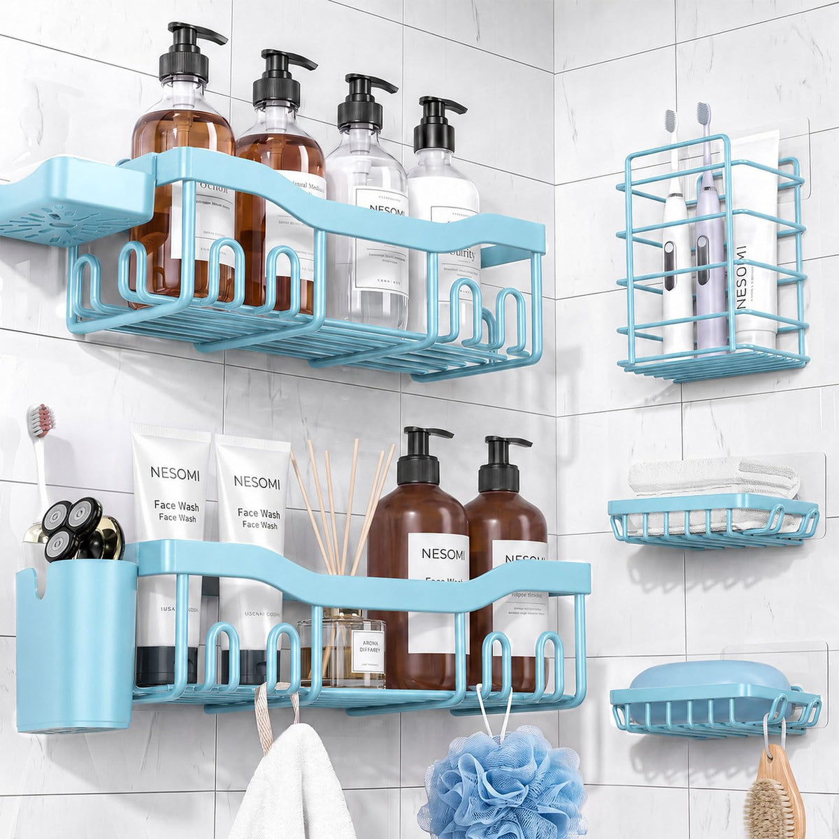 NESOMI Shower Caddy Adhesive Shower Organizer 7-Pack, Rustproof Stainless Steel Bathroom Shelves, Large Capacity No-Drill Rack Storage Accessories with Soap Dish Toothbrush Holder Hooks