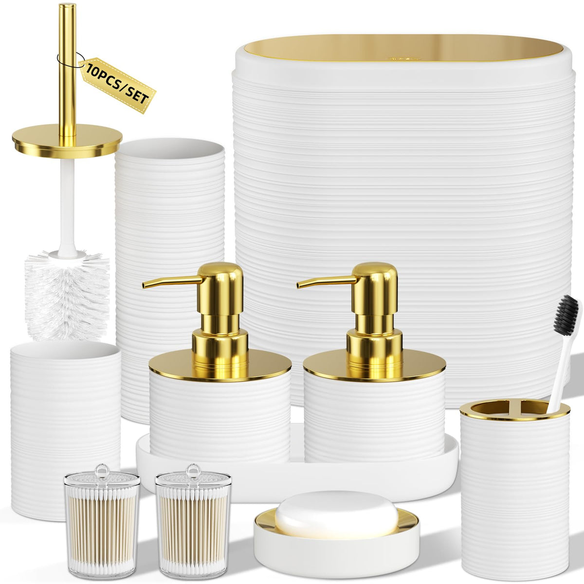 Bathroom Set, 10PC Bathroom Accessory Set, Black Bathroom Accessories, Black and Gold Bathroom Set with Trash Can, Soap Dispensers