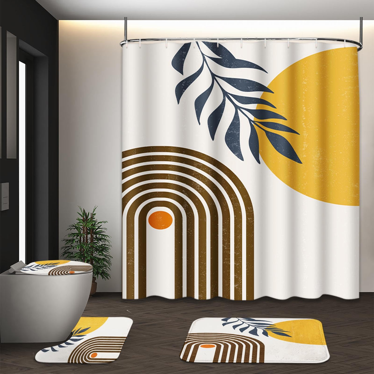 Bathroom Sets with Shower Curtain and Rugs, Set of 4, Boho Sage