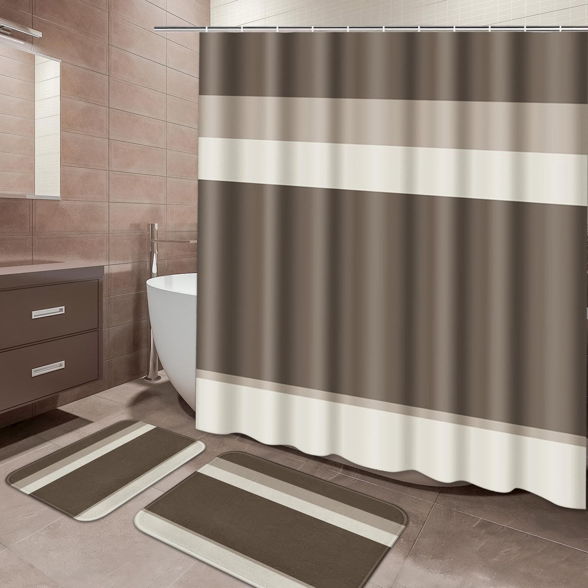 ArtSocket Bathroom Set of 3, Shower Curtain and Bath Rugs Beige Striped
