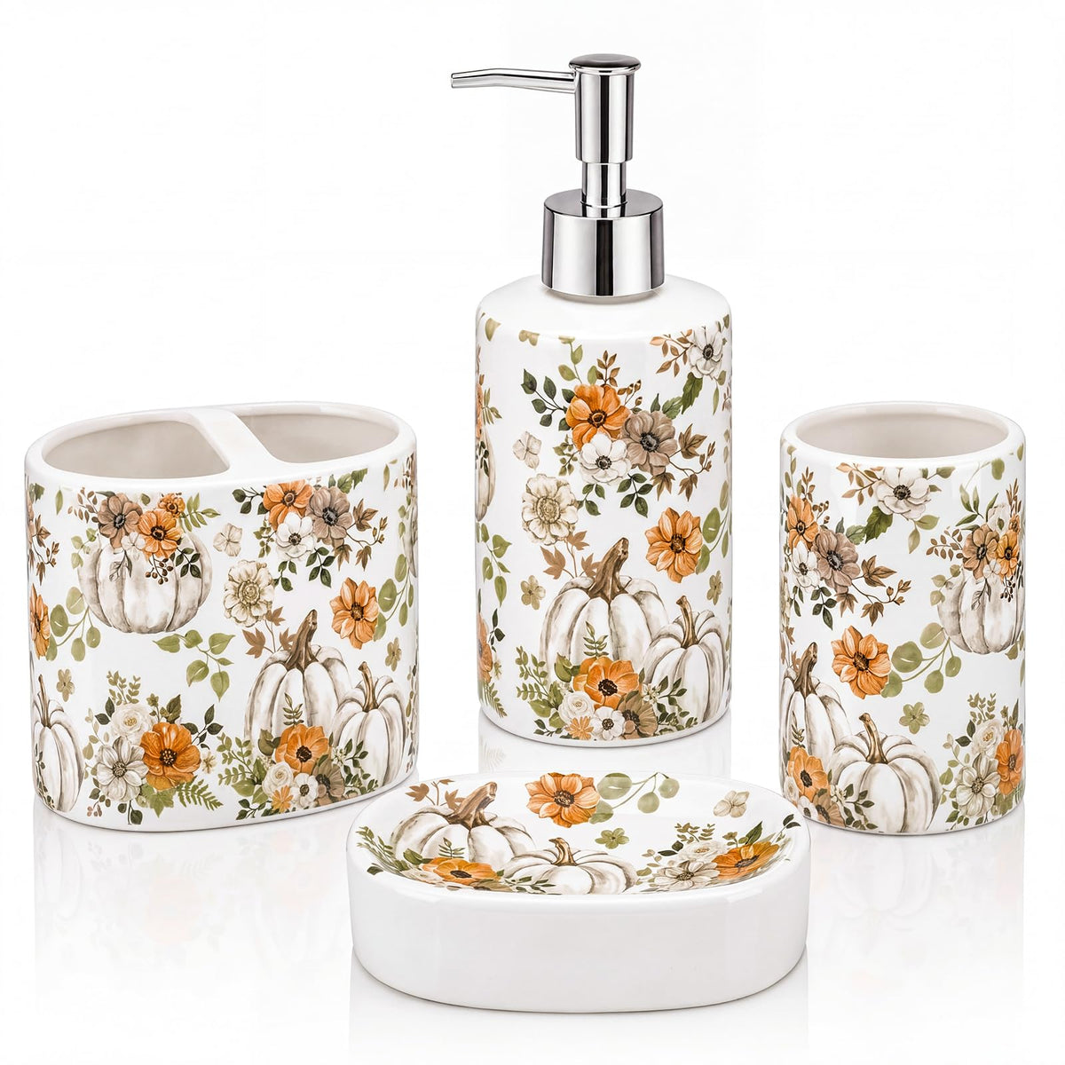 Domensi 4 Pcs Pumpkin Bathroom Ceramic Accessories Set Fall Bathroom Decor Include Lotion Dispenser Toothbrush Holder Tumbler Soap Dish for Home Bath Kitchen Decoration