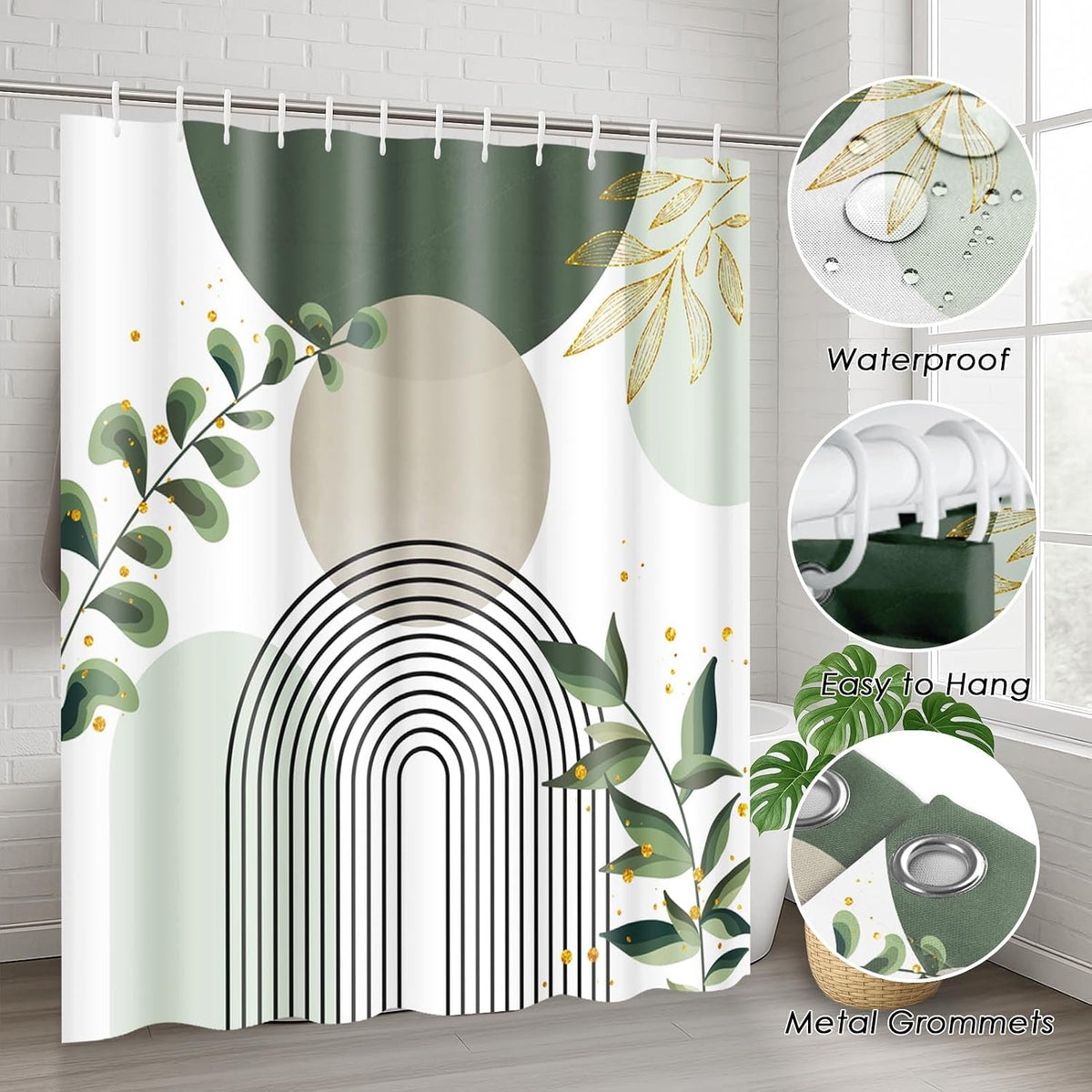 Bathroom Sets with Shower Curtain and Rugs, Set of 4, Boho Sage