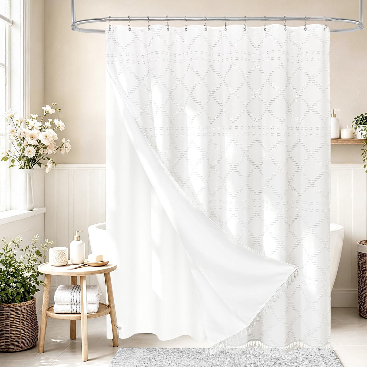 Blue Boho Woven Fabric Shower Curtain with Tassel 72 x 72, Tufted Textured