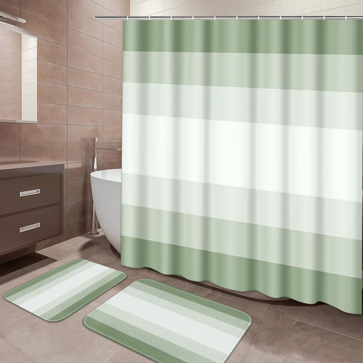 ArtSocket Bathroom Set of 3, Shower Curtain and Bath Rugs Beige Striped