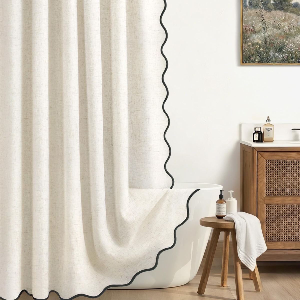 Scalloped Shower Curtain Linen Boho Beige 72" W x 72" L