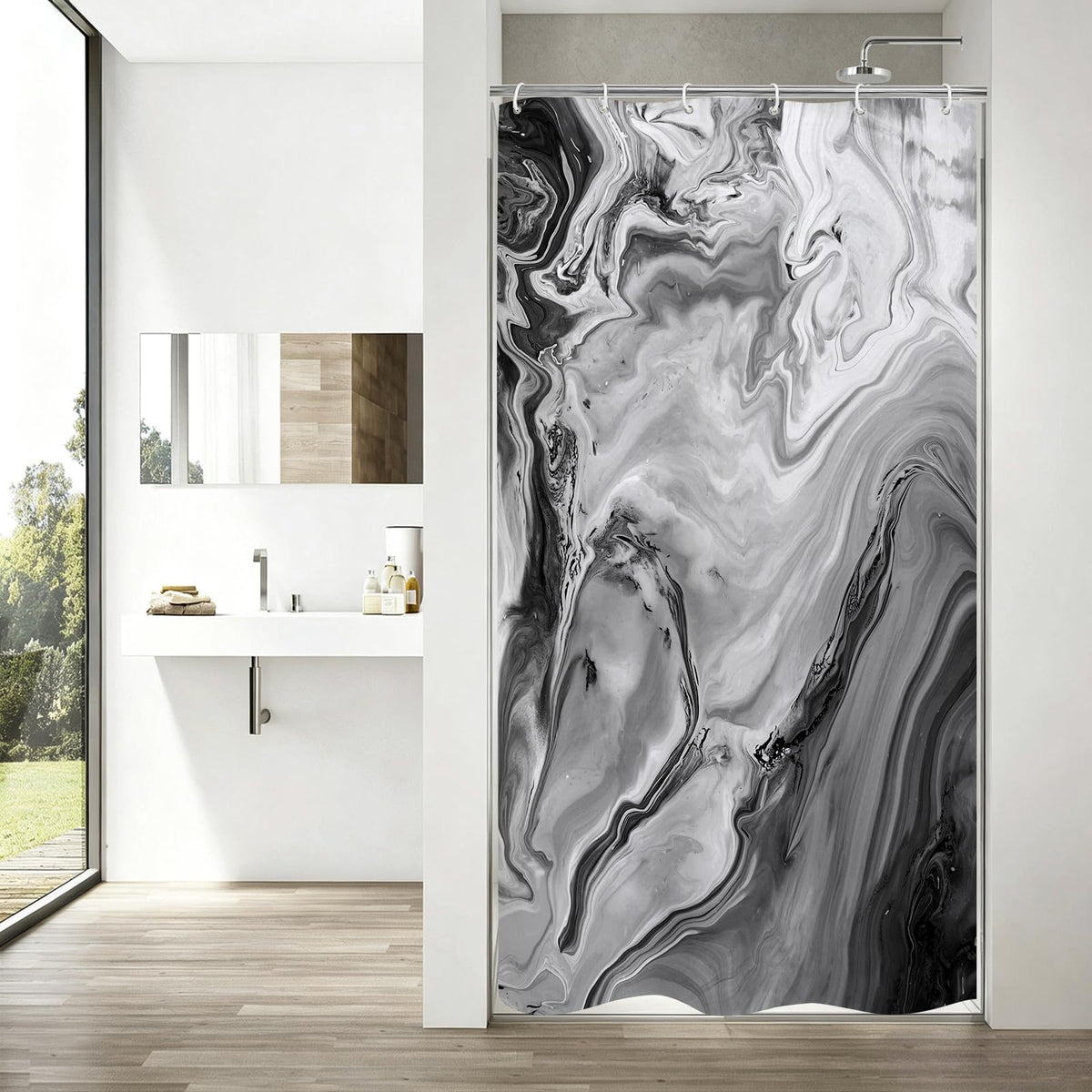 Blue Marble Fabric Shower Curtain, Abstract Watercolor, 72 x 72 Inches