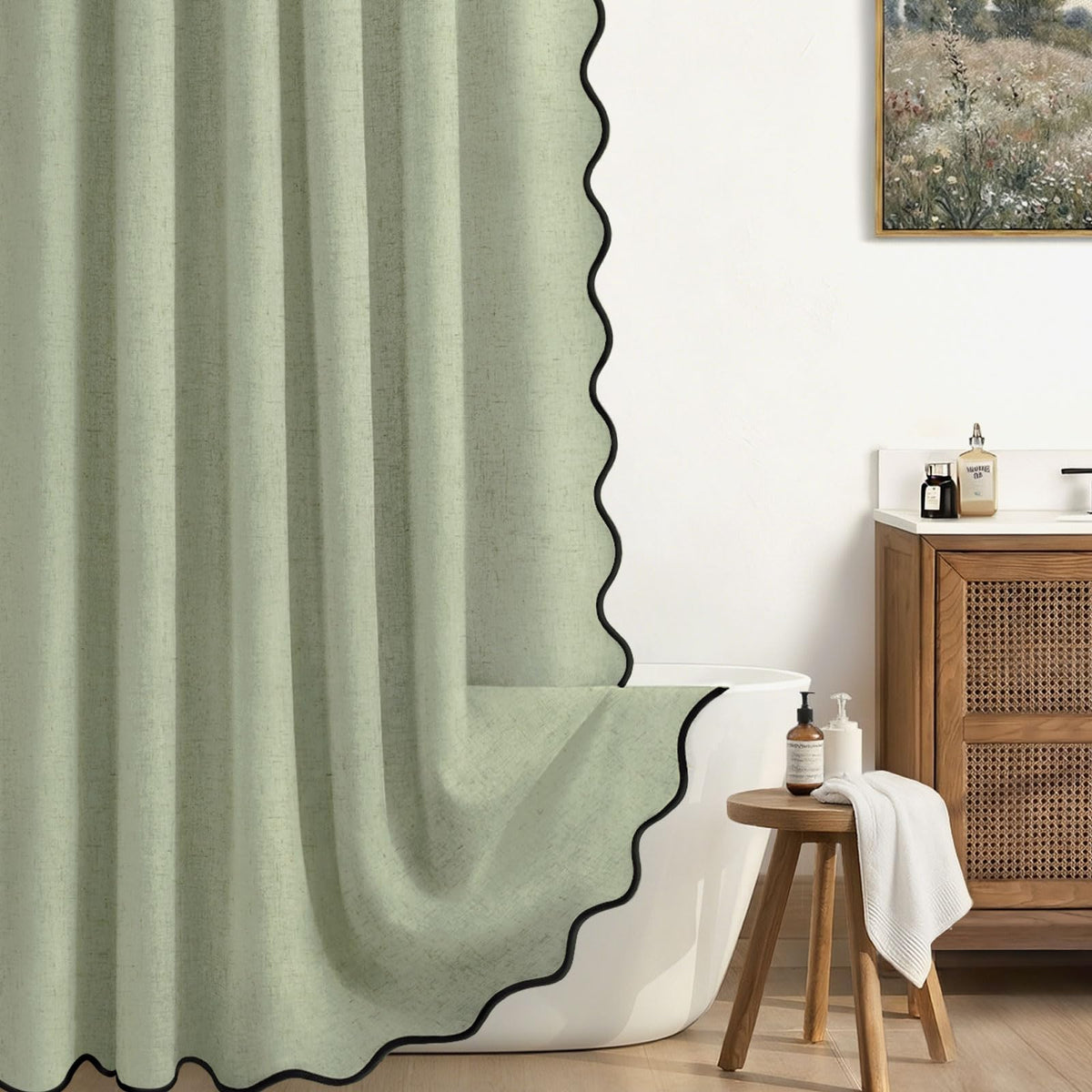 Scalloped Shower Curtain Linen Boho Beige 72" W x 72" L