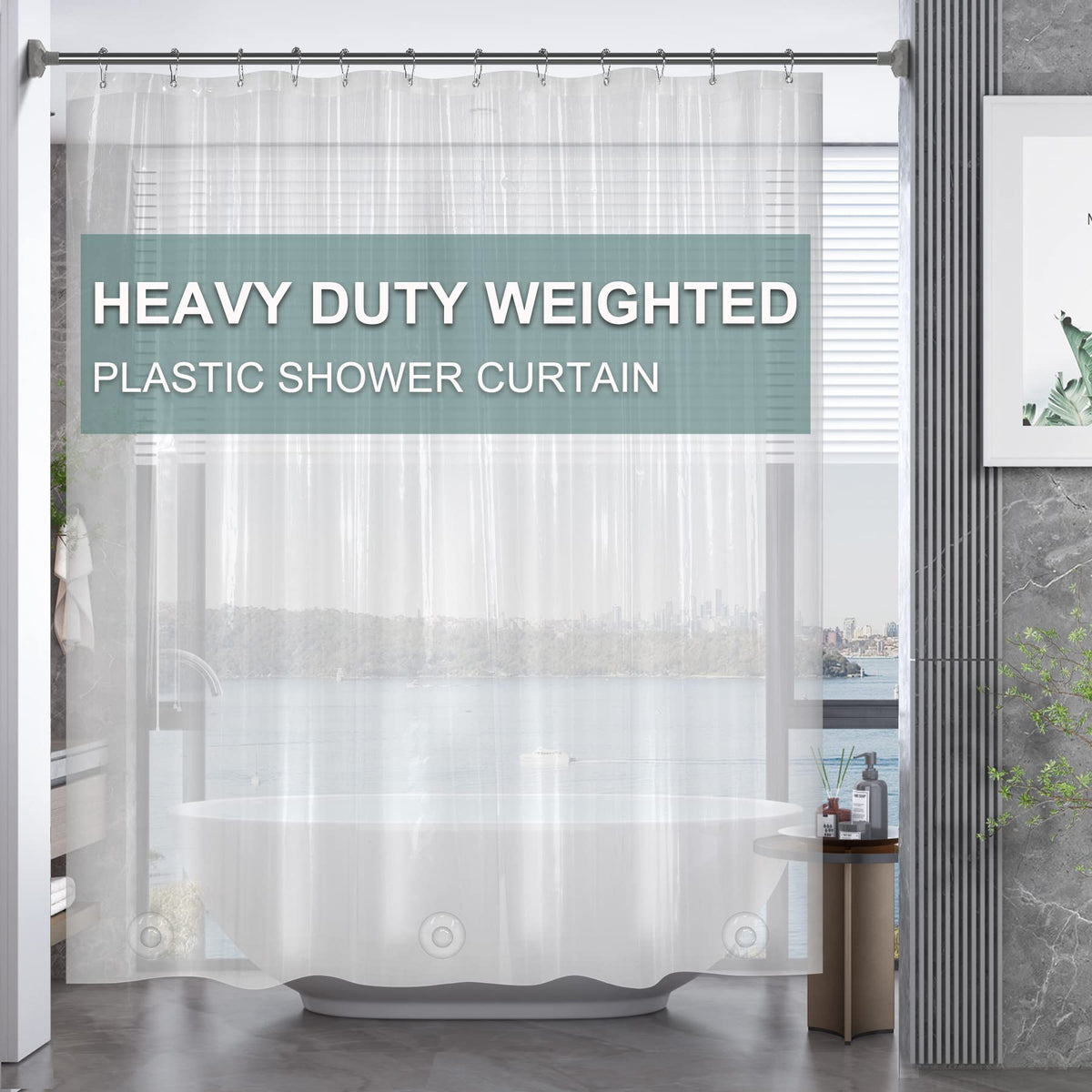 AmazerBath Plastic Shower Curtain Clear 72x74 Inches, Clear Shower Curtain Heavy Duty 8G Premium PEVA, Weighted Shower Curtains for Bathroom Accessories with 3 Big Stones and 12 Rustproof Grommets