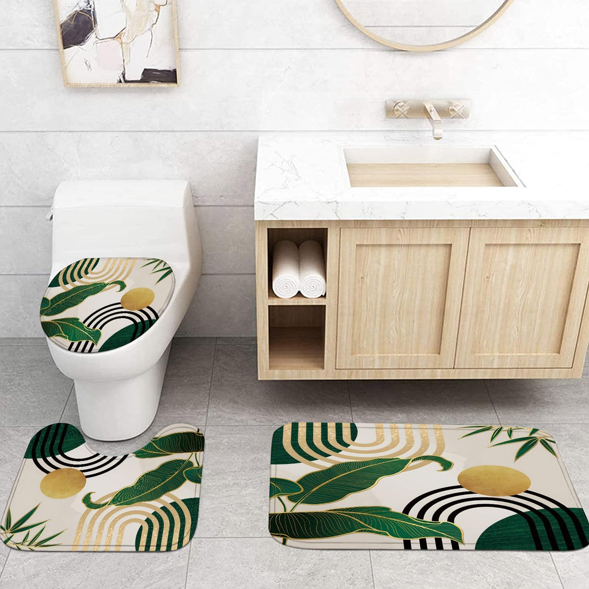 LQCOOL 4pcs Boho Shower Curtain Set with Rugs Green Leaf Bathroom Set