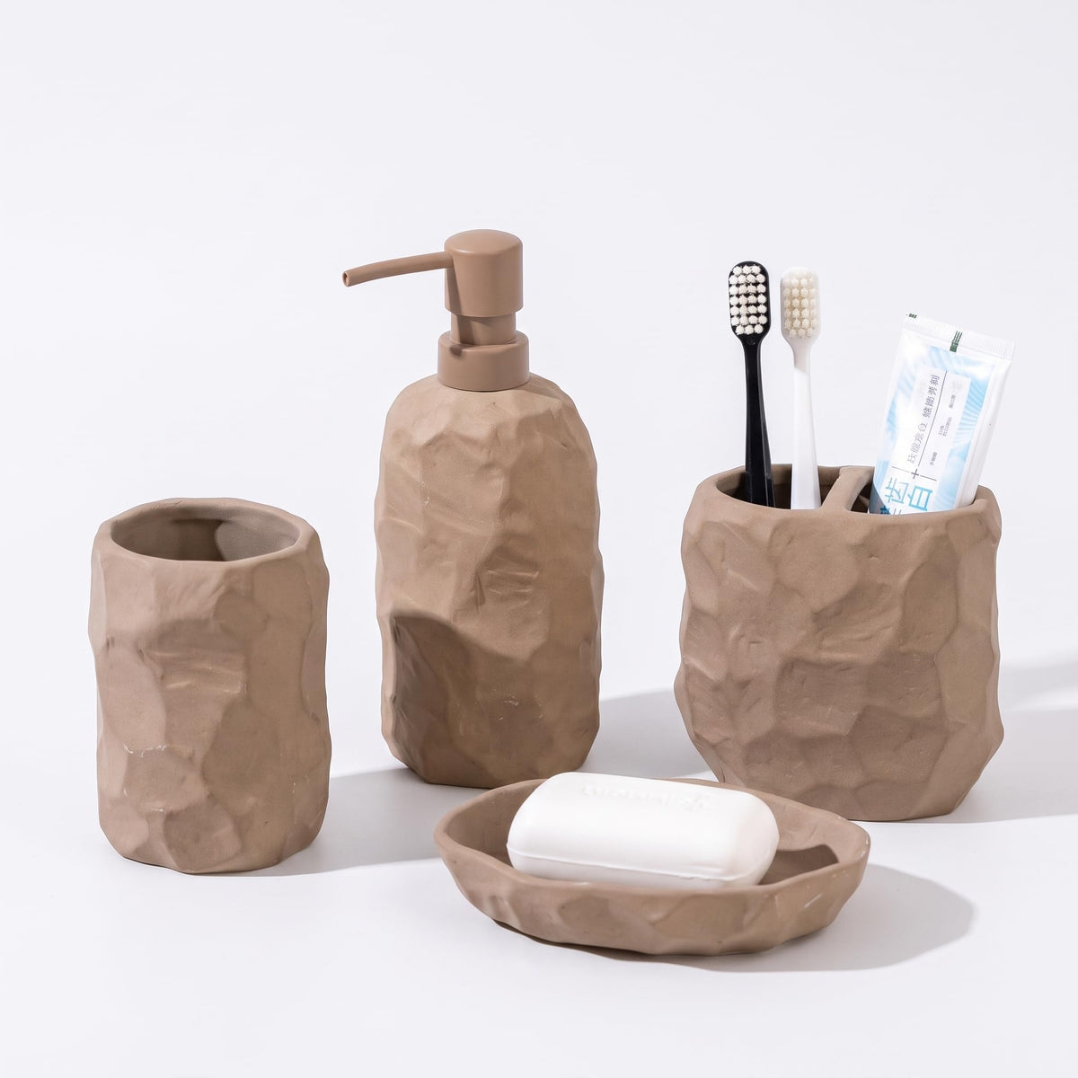 RQYIXI Ceramic Bathroom Accessories Set,White,4 Piece,Embossed Design