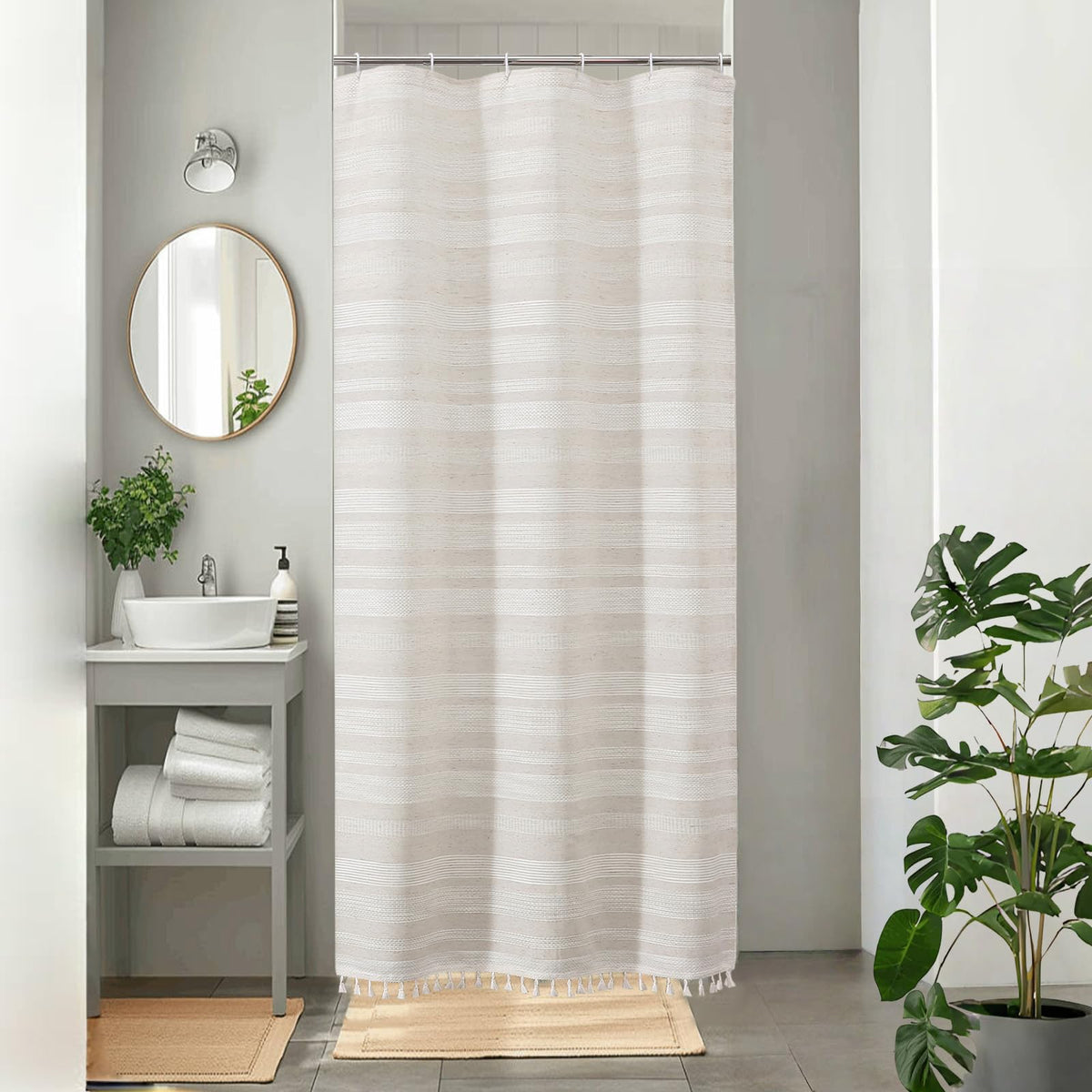 OVZME Extra Long Linen Shower Curtain - 84 Inch Long, Modern Farmhouse Heavy Duty Textured Soft Fabric, Rustic Country Boho Cloth Shower Curtain with Tassel for Bathroom Hotel, 72Wx84L Inches