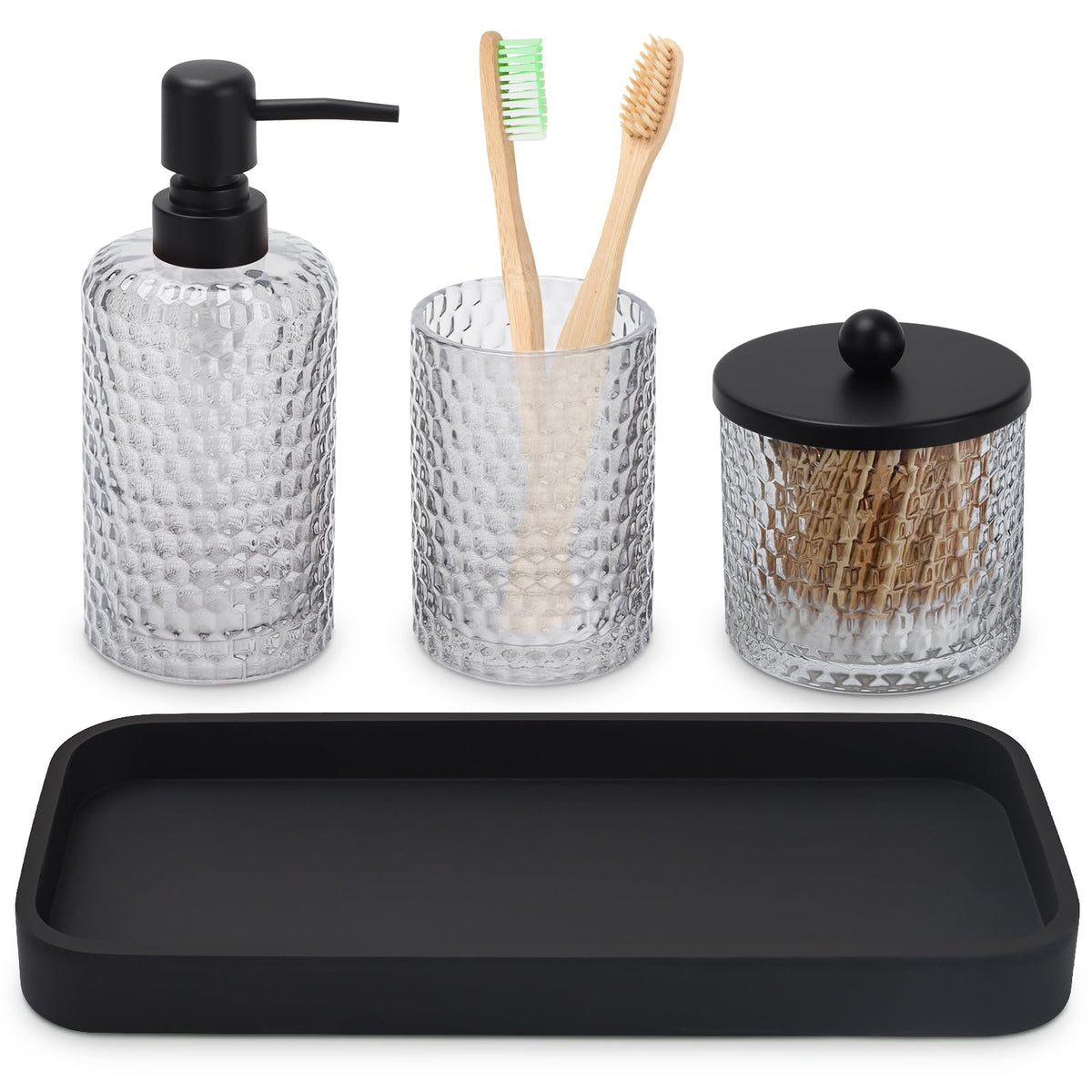 Bathroom Accessories Set,4 Pcs Amber Glass Bathroom Accessories Sets Complete with Lotion Soap Dispenser,Toothbrush Holder,Qtip Holder Dispenser and Vanity Tray,Bathroom Countertop Vanity Organizer