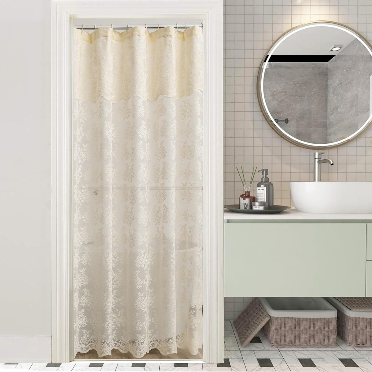 Ivory Lace Shower Curtain 72x72, Vintage Shabby Chic with Attached Valance