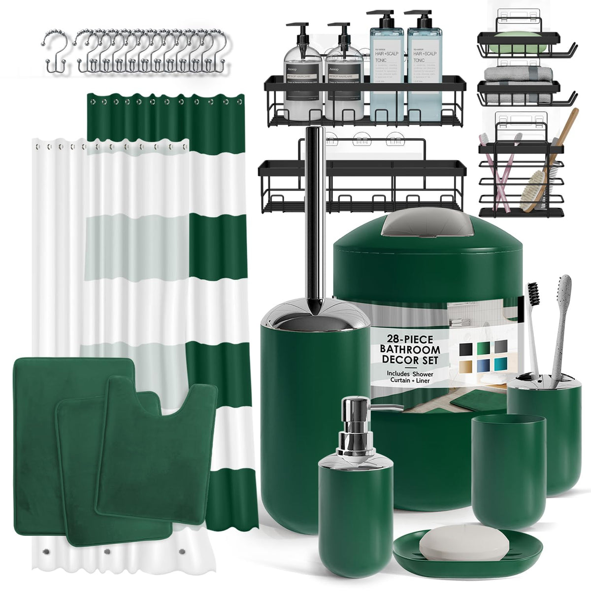 Clara Clark Bathroom Set - Navy Bathroom Accessories Set, 20PC Bathroom Accessory Set, Shower Curtain Set with Liner, Toothbrush Holder, Soap Dispenser, Soap Dish, Toilet Brush Holder, and Trash Can