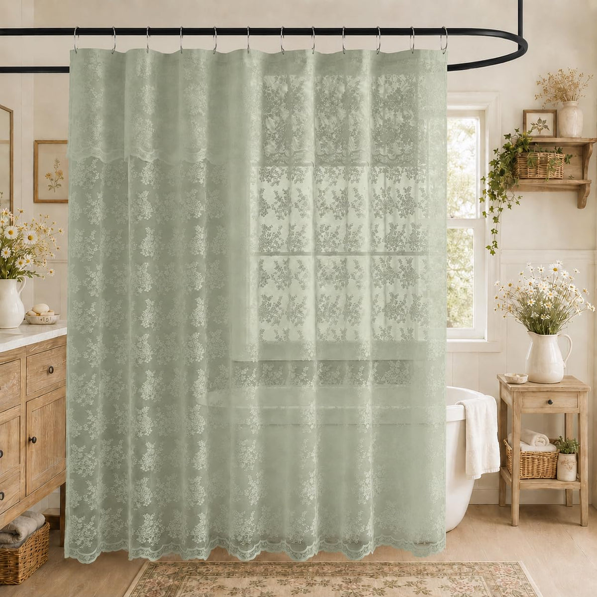 TUDECO Black Lace Shower Curtain with Valance, Gothic Style, 72 x 72 Inch