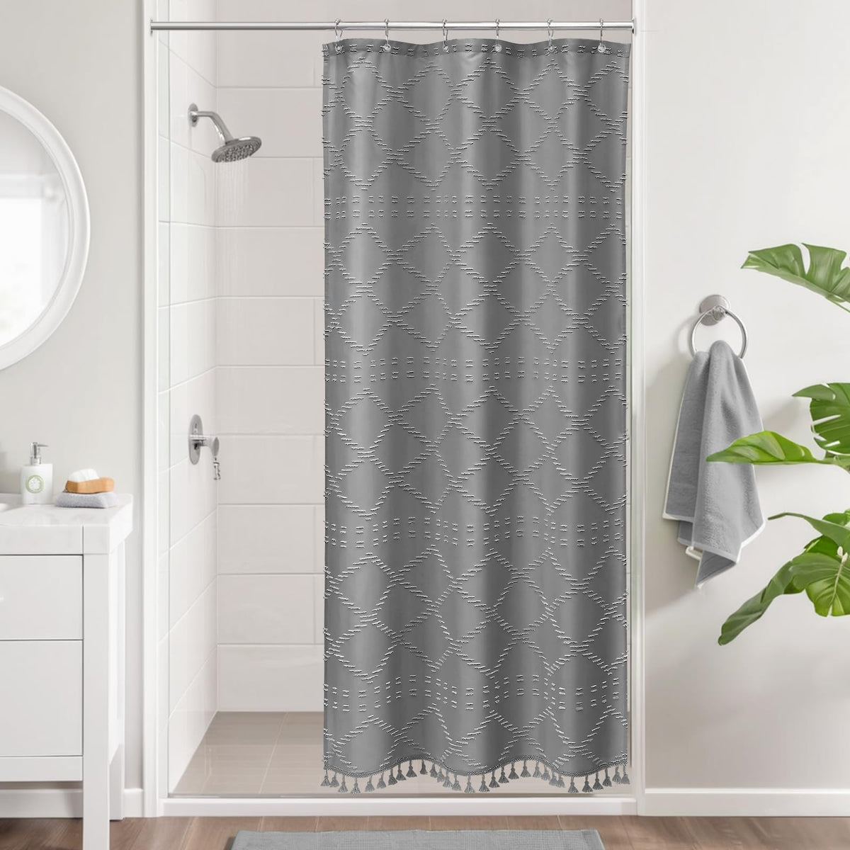 Blue Boho Woven Fabric Shower Curtain with Tassel 72 x 72, Tufted Textured