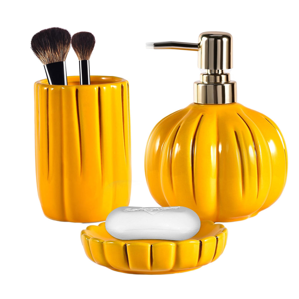 Halloween Pumpkin Bathroom Accessories Set, Orange Bathroom Fall Decor, 3PC Ceramic Bathroom Sets Complete, Toothbrush Holders, Soap Dispenser, Soap Dish, Bathroom Organizer for Countertop
