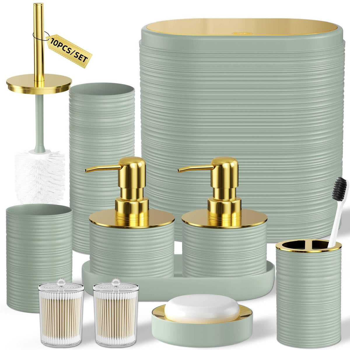 Bathroom Set, 10PC Bathroom Accessory Set, Black Bathroom Accessories, Black and Gold Bathroom Set with Trash Can, Soap Dispensers
