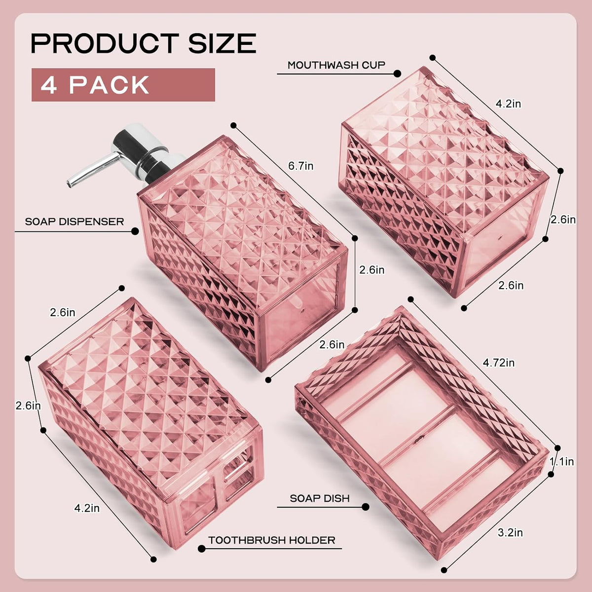 Bathroom Accessory Set, Grid Pattern 4 Pcs Plastic Bathroom Set, Pink