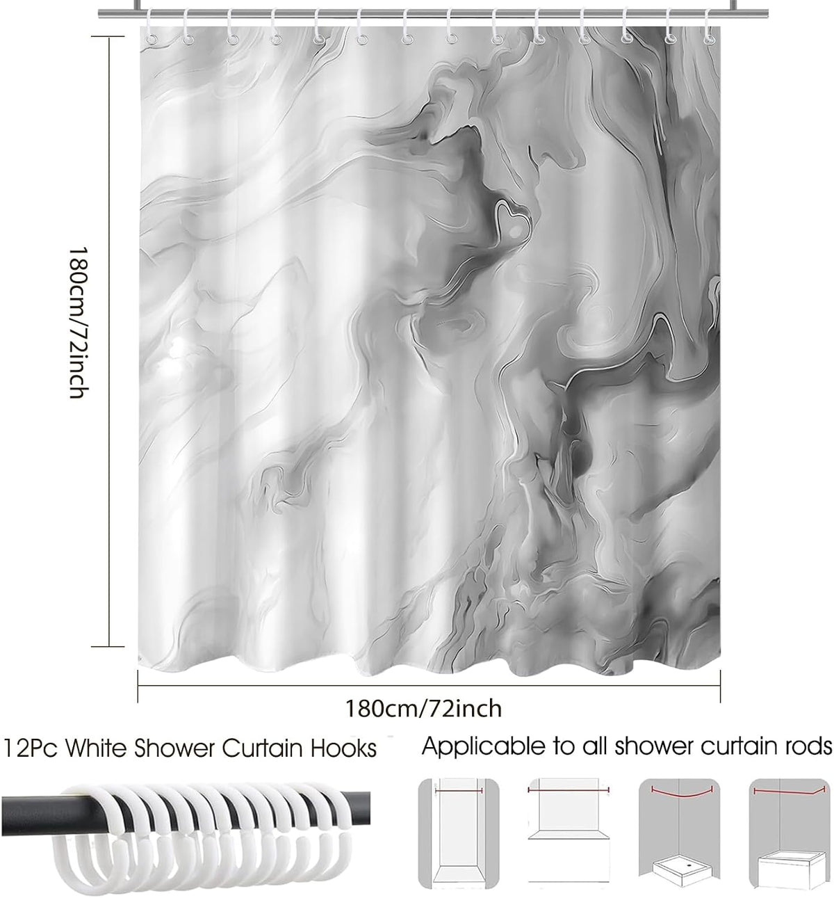 Shower Curtains Grey Marble Shower Curtain for Bathroom 72 X 72 Inch