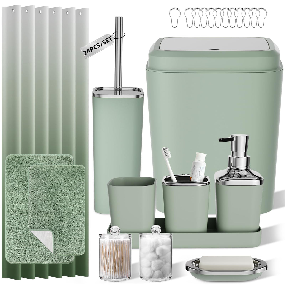 XLHOMO Sage Green Bathroom Set, Bathroom Sets with Shower Curtain and Rugs