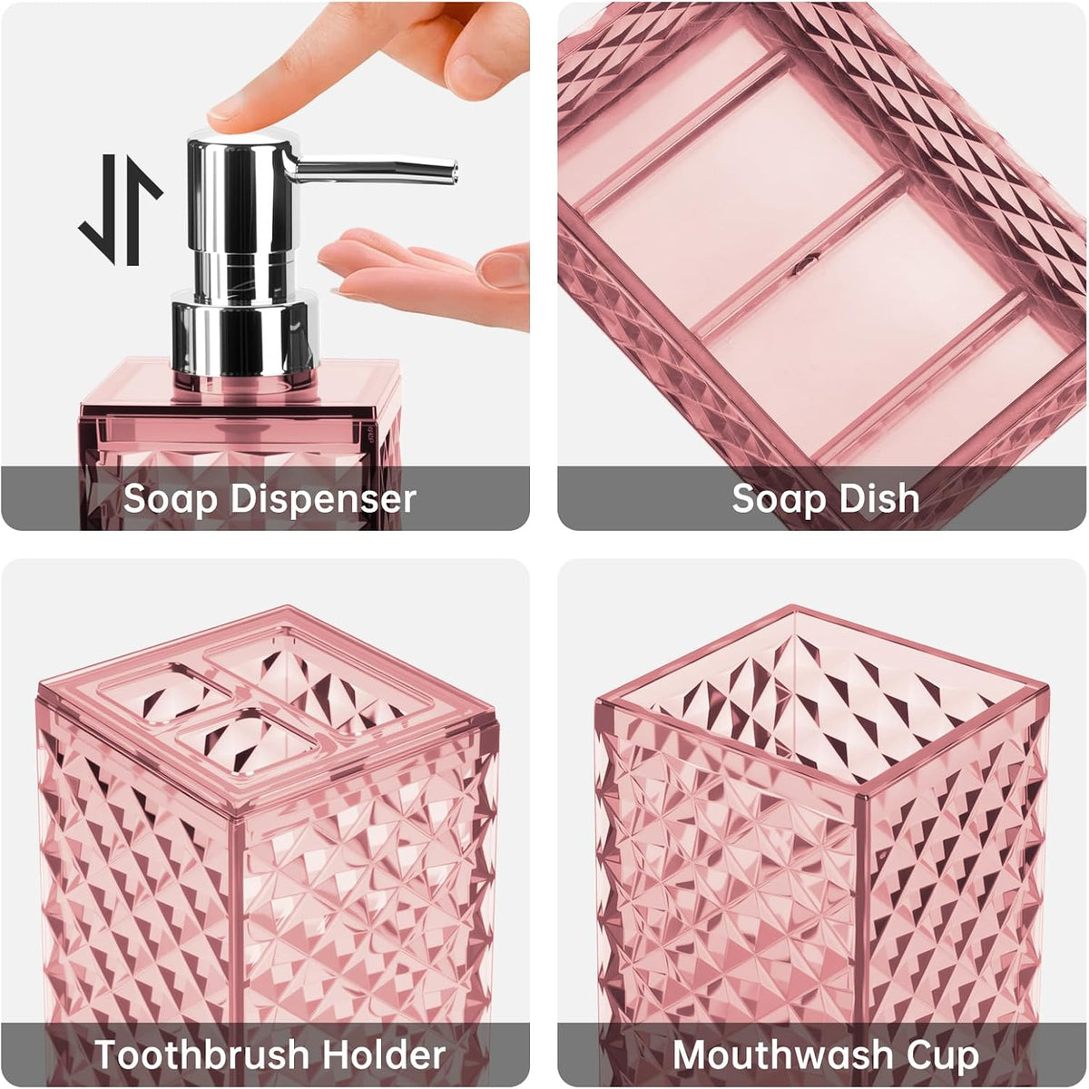Bathroom Accessory Set, Grid Pattern 4 Pcs Plastic Bathroom Set, Pink