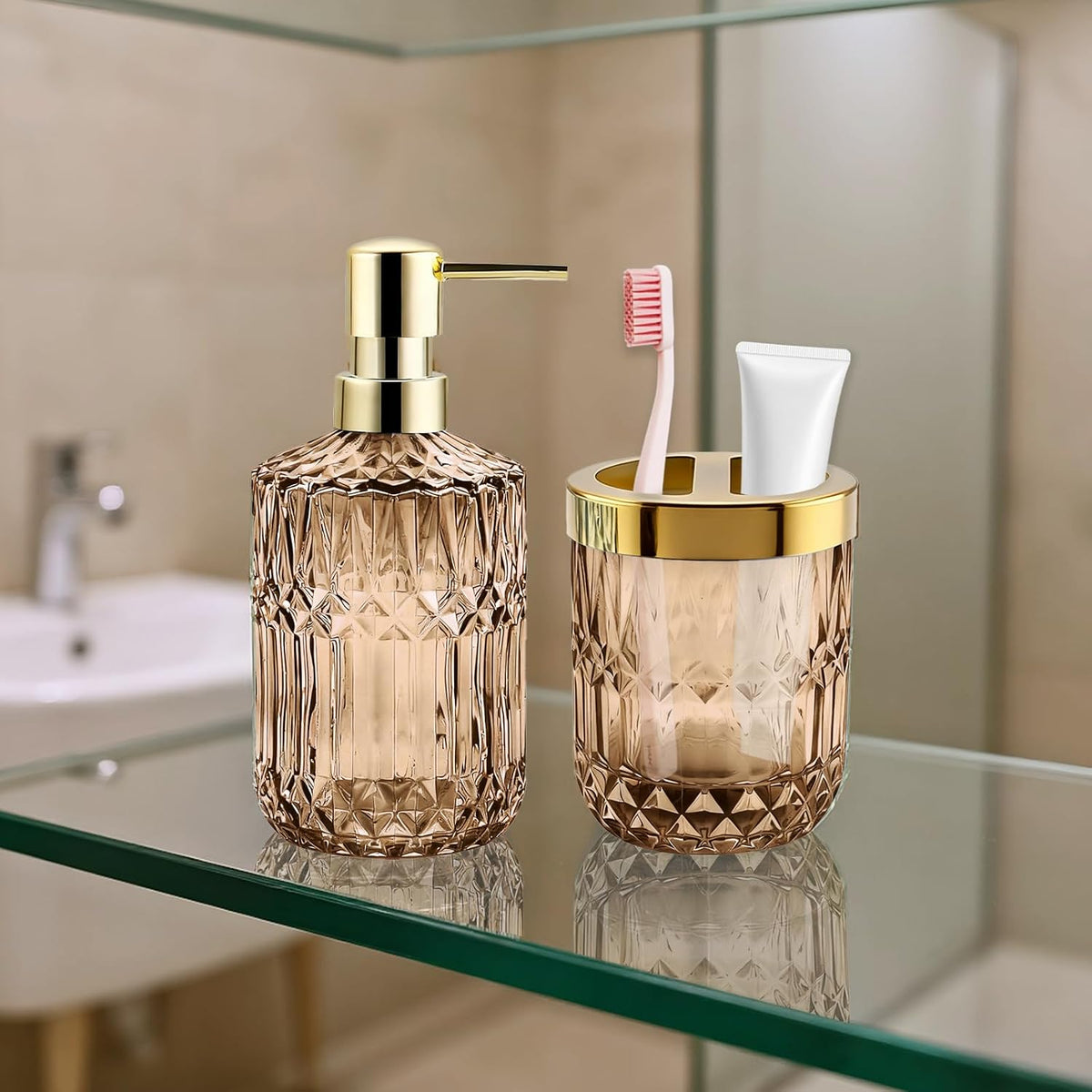 2PCS Brown Glass Bathroom Set, Soap Dispenser & Toothbrush Holder, Vintage