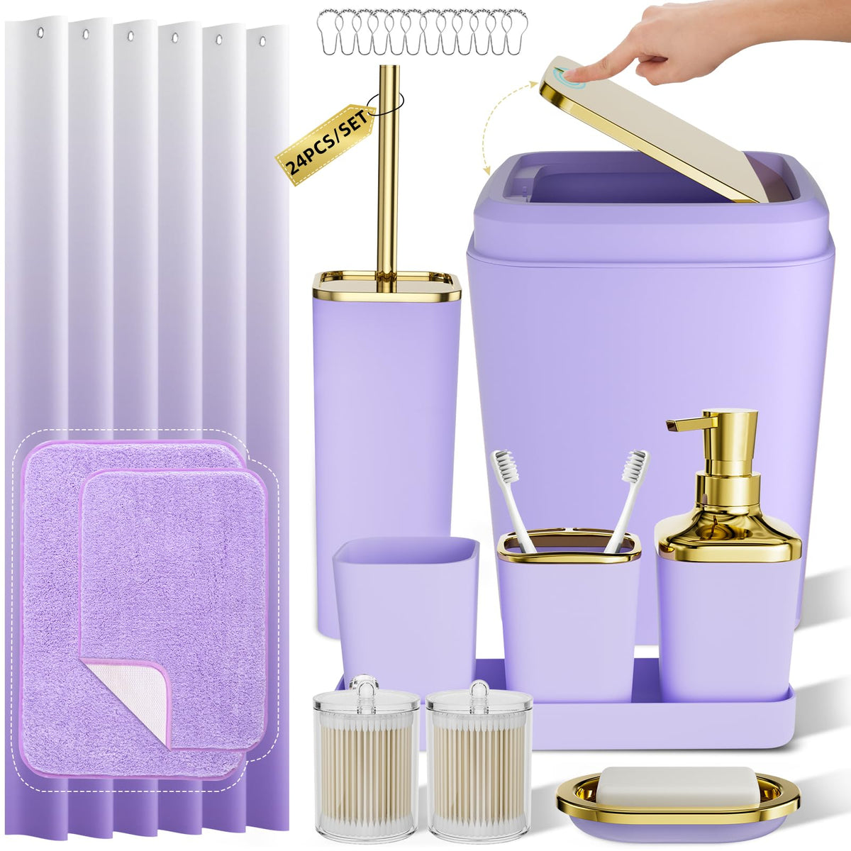 XLHOMO Bathroom Accessories Set - 25PC Bathroom Set with Shower Curtain and Rugs, Pink Bathroom Set, Bathroom Accessory Set with Press-on Lid Trash Can, Soap Dispenser and Qtip Holders