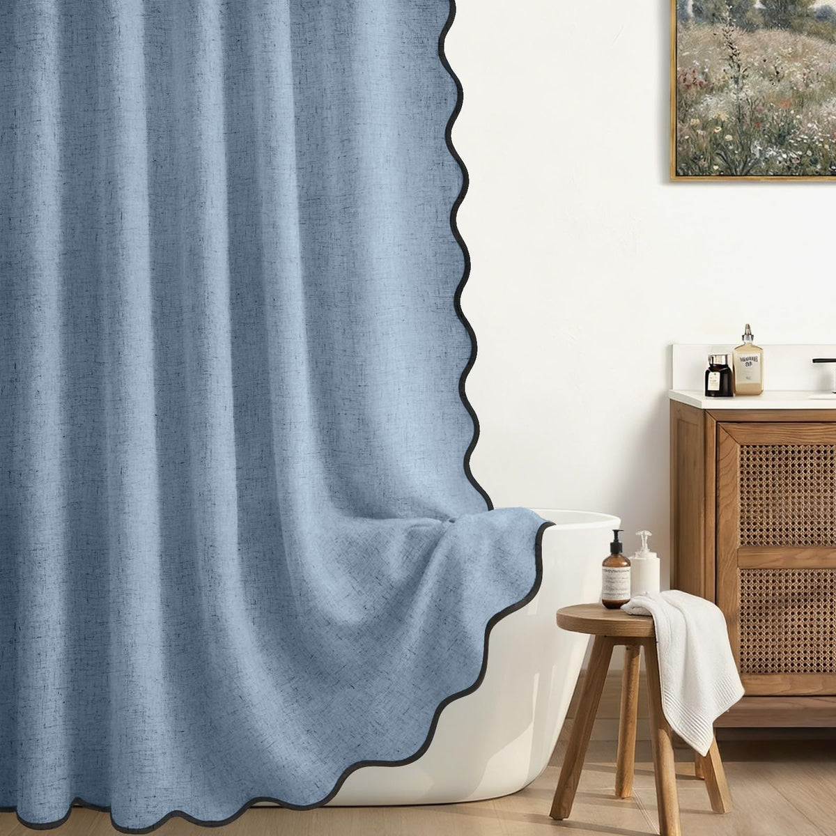 Scalloped Shower Curtain Linen Boho Beige 72" W x 72" L